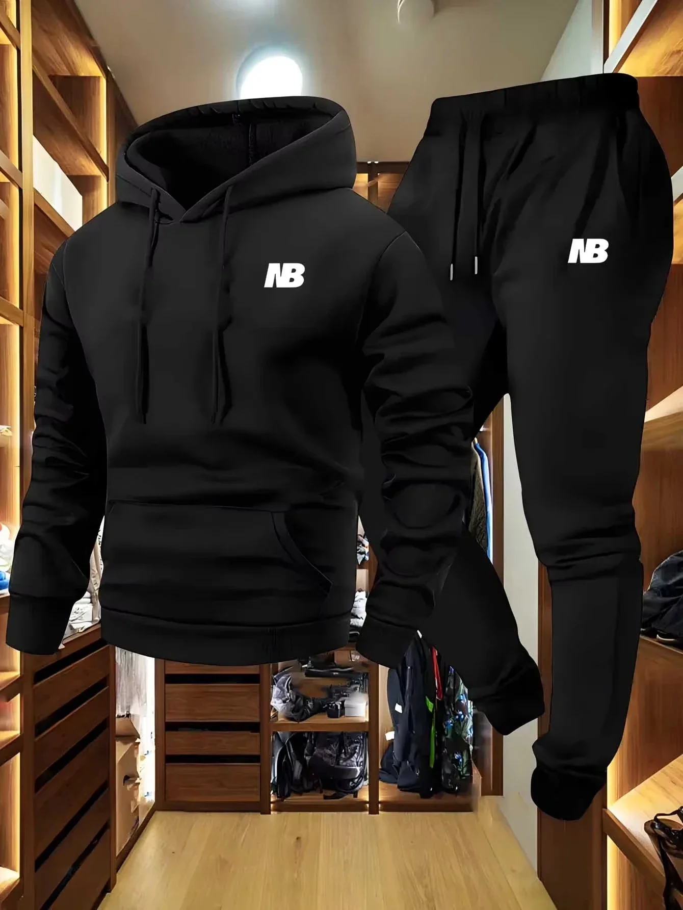 Men's two-piece sports sweatshirt and trousers, grey and black logo regular pocket autumn and winter sweatshirt