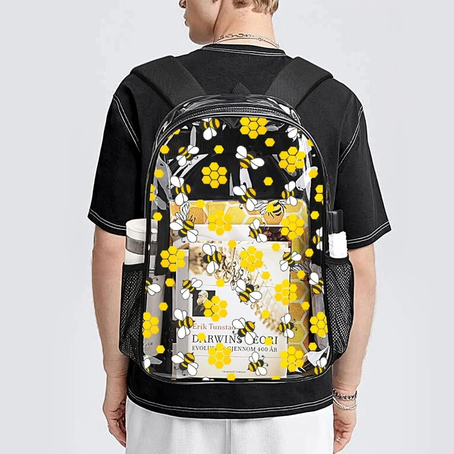 

Bee Clear Backpack Heavy Duty for Girls Kids Boys Women Men - Large Cute PVC Bees Theme Printing Transparent Backpacks