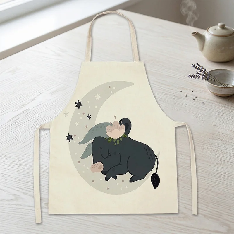 

Cute Sleeping Baby Bull Moon Stars Print Kitchen Apron For Women Kids Cotton Linen Bib Cooking Baking Gardening Painting Gift