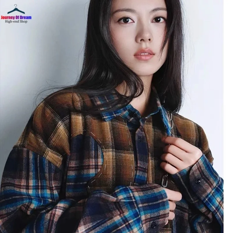 

New The Best Quality High-end Men's Women's Vintage Shirt Plaid Jacket Splicing Loose Longer Tops