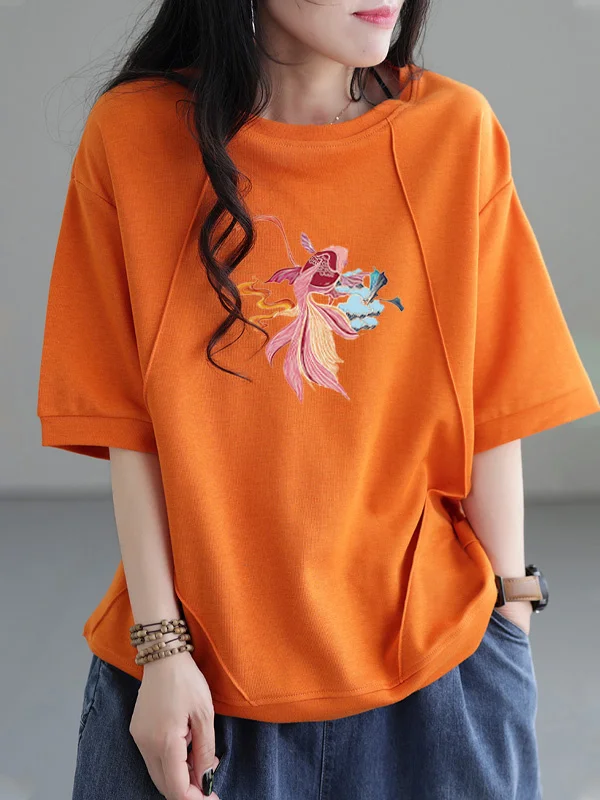 

Loose Cotton Short Sleeve T-Shirt Women's Fashion Brand Printed Base Layer Top High Waist Commute Style Summer Casual Wear