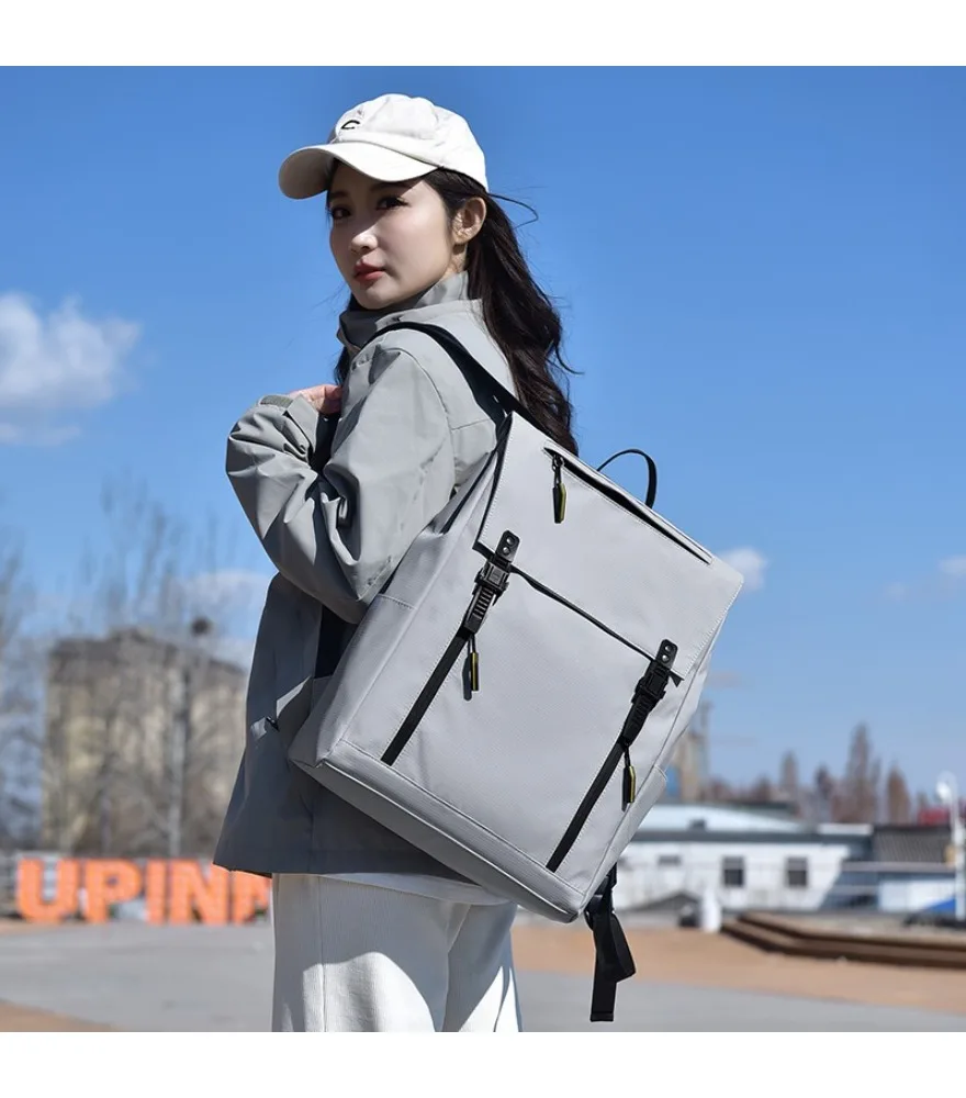 Light gray square flap fashion backpack anti splash adjustable buckles for young people daily commute shopping outdoor outing