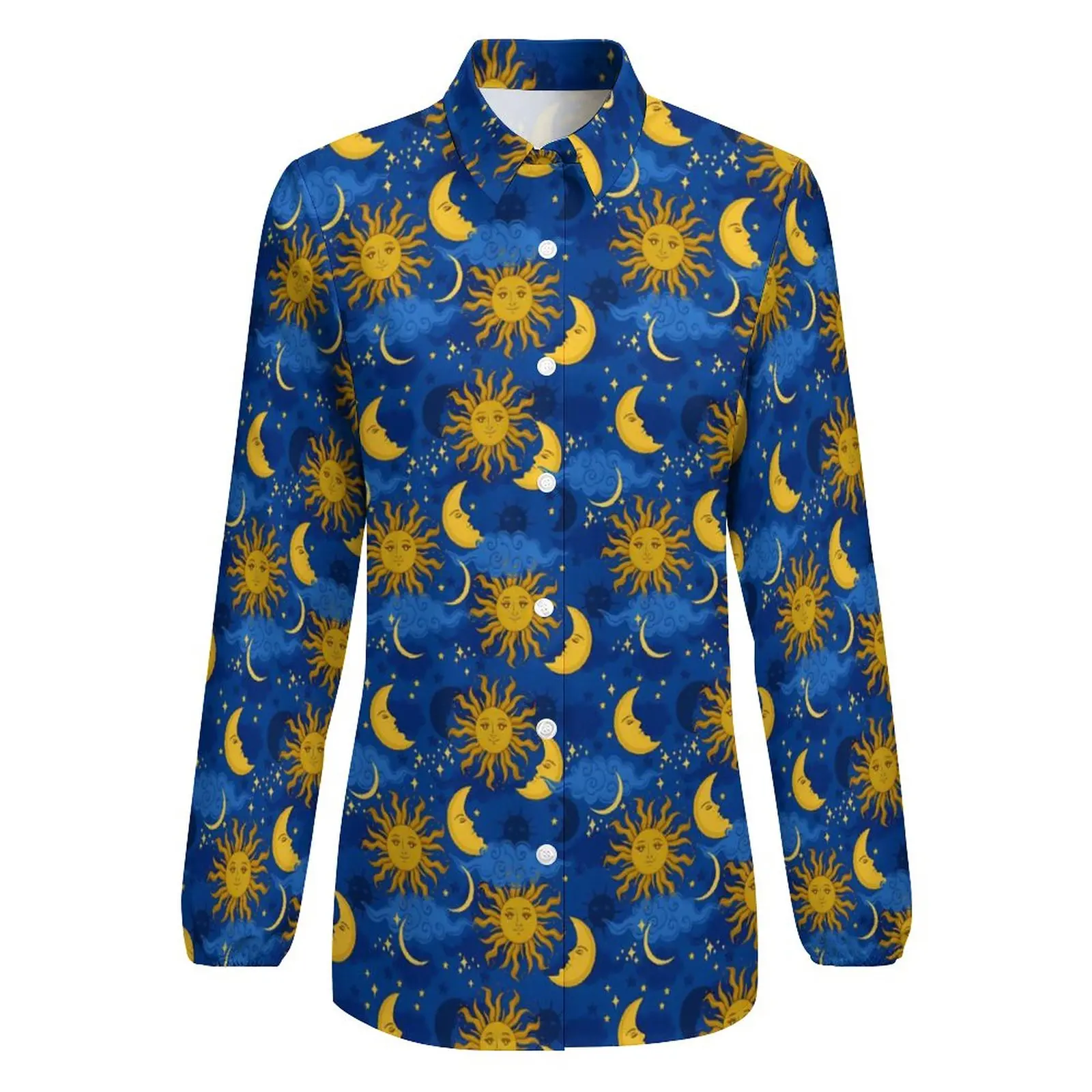 Stars Sun Moon Celestial Blouse Long Sleeve Blue And Gold Retro Blouses Women Casual Oversized Shirts Graphic Top Gift Idea