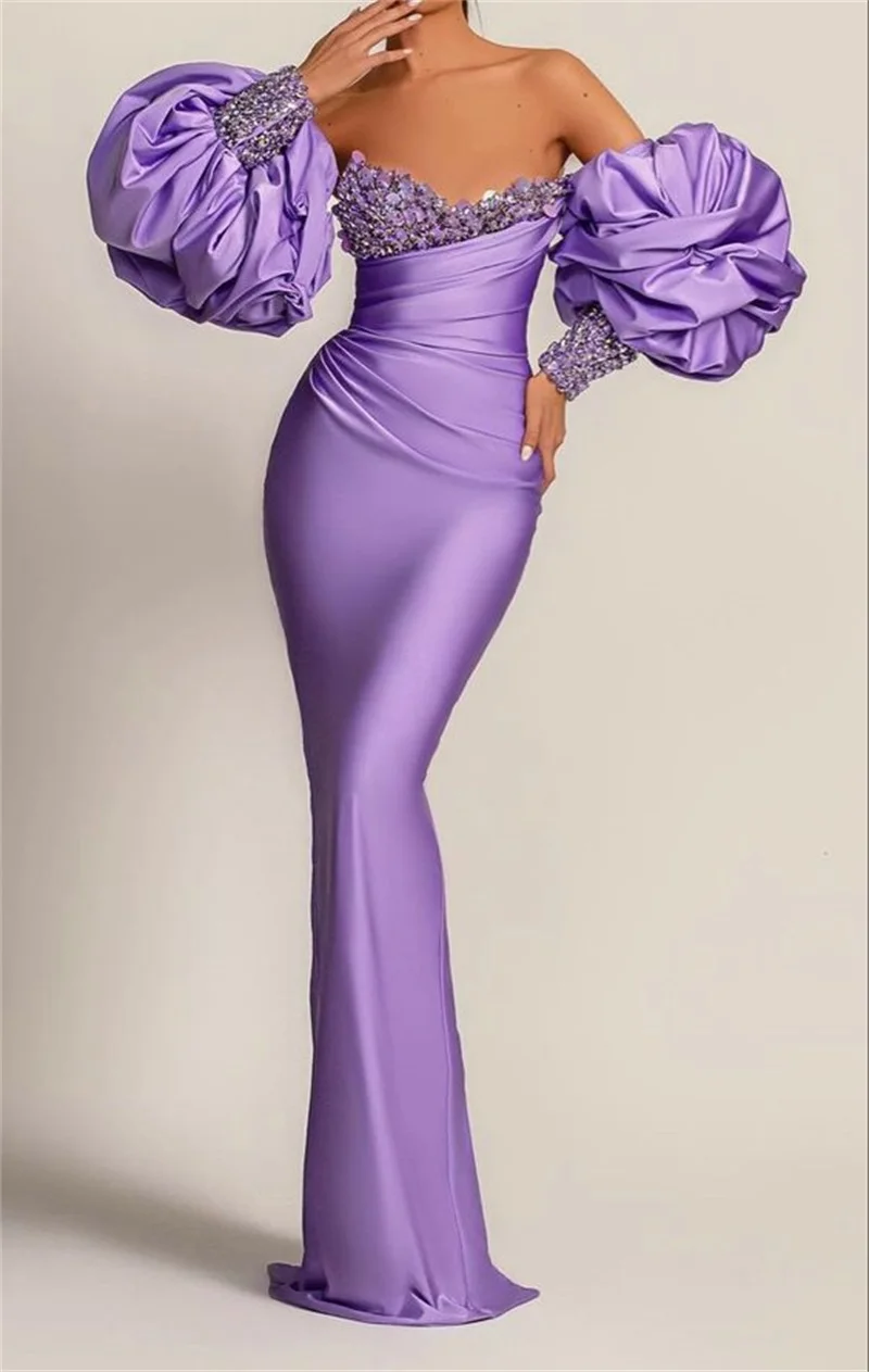 Satin Crystal Sequins Prom Dress With Detachable Sleeves Sweetheart Neck Evening Gown Lilac Mermaid Custom Made Robes De Mariée