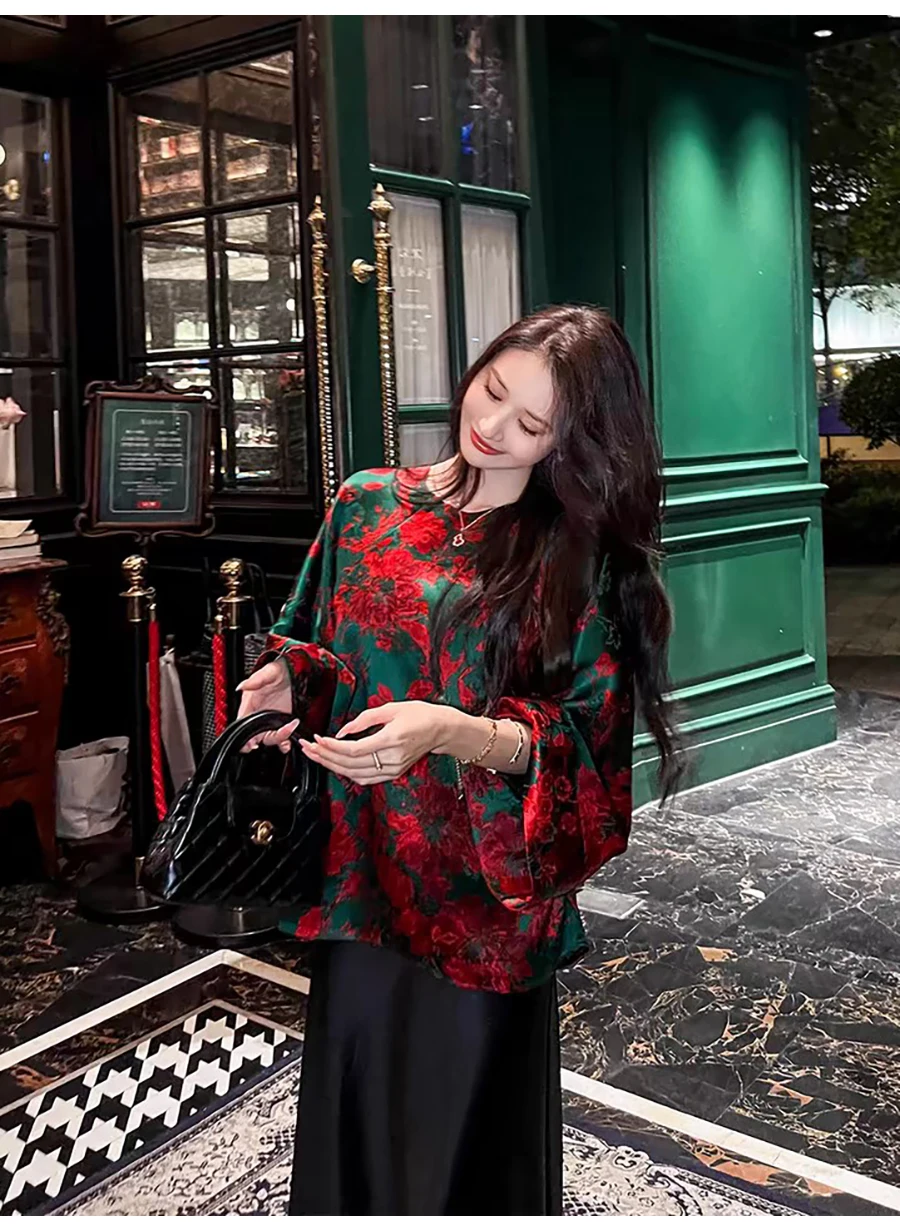 Frühling und Herbst Neue Oansatz + Diagonal Zipper Horn Hülse Retro Stil Elegante Seide Stoff Gedruckt frauen Hemd S-L