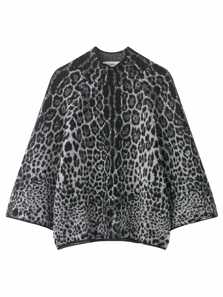 

HH Woman Early Spring Fashion Chic Wide Sleeves Half Turtleneck Leopard Print Short Knitted Pullover Female Loose Knitted Tops