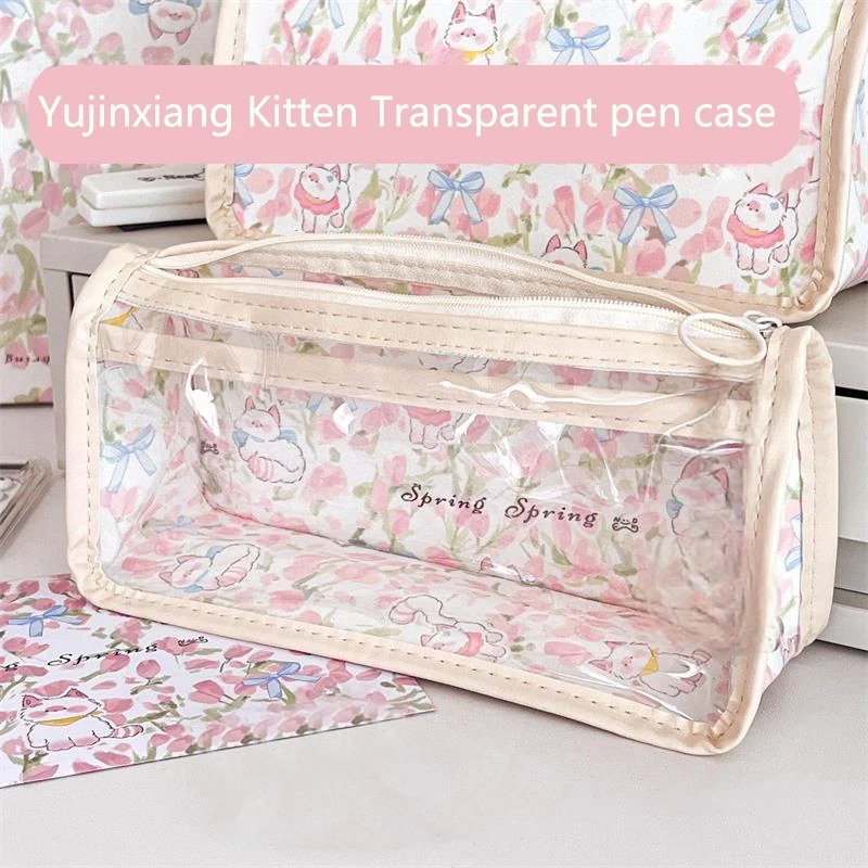 

Cute Pink Tulip Kitten Cat Transparent Pencil Case Large Capacity Portable Girly Makeup Bags Student Stationery Pen Storage Bags