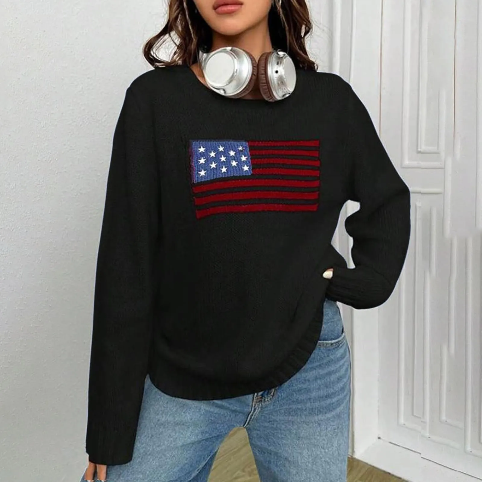 Womens Sweaters Tops Long Sleeve Flag Usa Knit Sweatshirt Memorial Day Loose Shirts Elegant New Knit Female Jumper Stylish