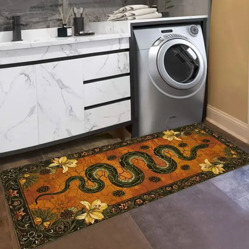 Antique Crack Orange Snake Lily Pinecone Runner Rug, Non-Slip Mat for Kitchen Hallway Bathroom Daily Retro Dark Holiday Decor