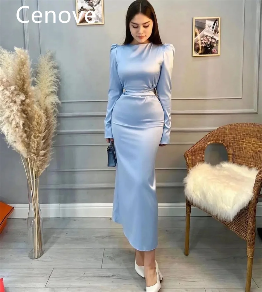 

Cenove Blue O Neck Tight Prom Dress Long Sleeves And Ankle Length Evening Summer Party Dress For Women2023