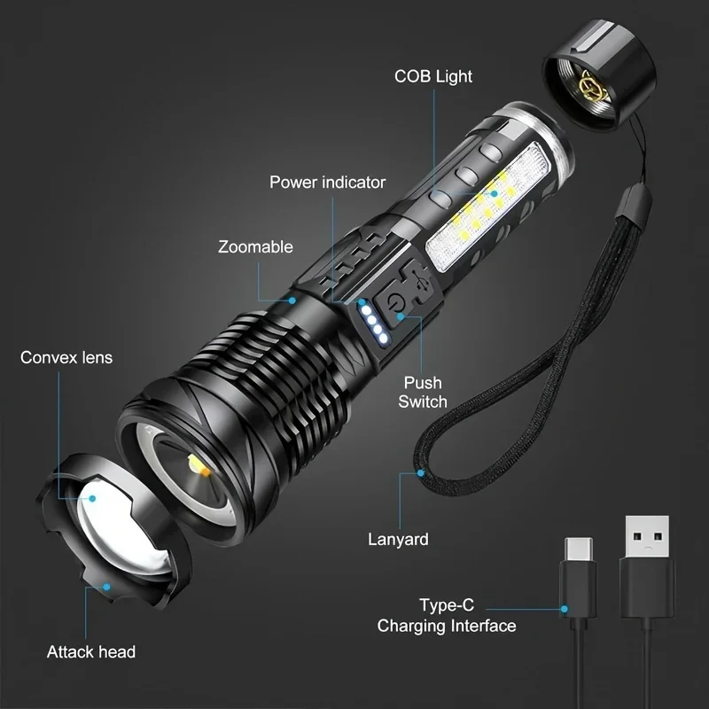 High Strong Power Led Flashlights Tactical Emergency Spotlights Telescopic Zoom Built-in Battery USB Rechargeable Camping Torch