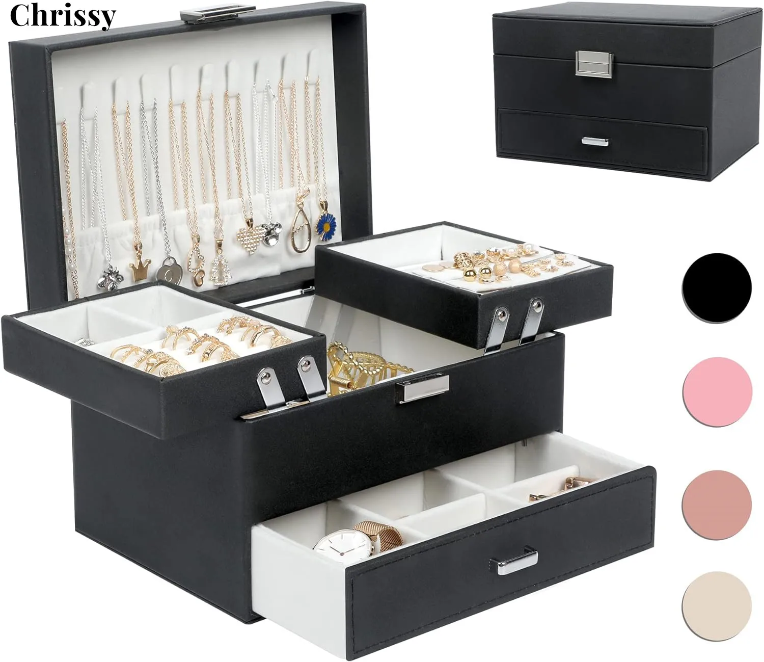 Jewelry Boxes for Women Girls, Jewelry Organizer Box, 3 Layers Jewelry Storage Organizer for Earring, Ring, Necklace, Bracelets