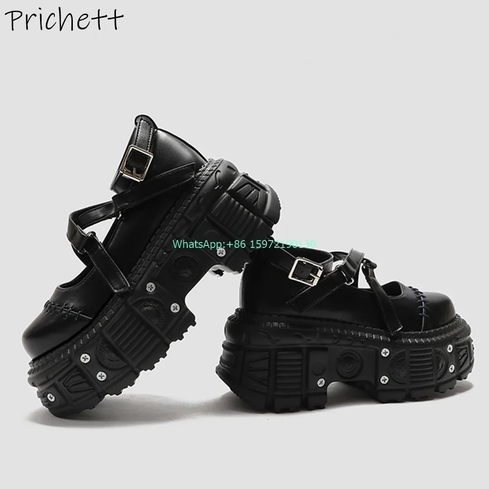 Thick Soled Mixed Color Pumps Round Toe Hook&loop Pink White Sewing Nail Women's Shoes Spring Sweet Cool High Increase Shoes