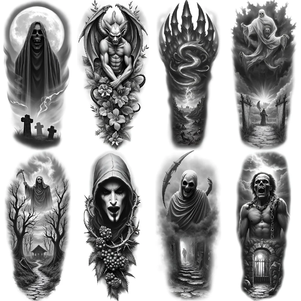 

3pcs Temporary Tattoo Hooded Figure Black And Grey Realism Ghostly Cloaked Figure Hooded Woman And Thorns For Men Arms Thighs