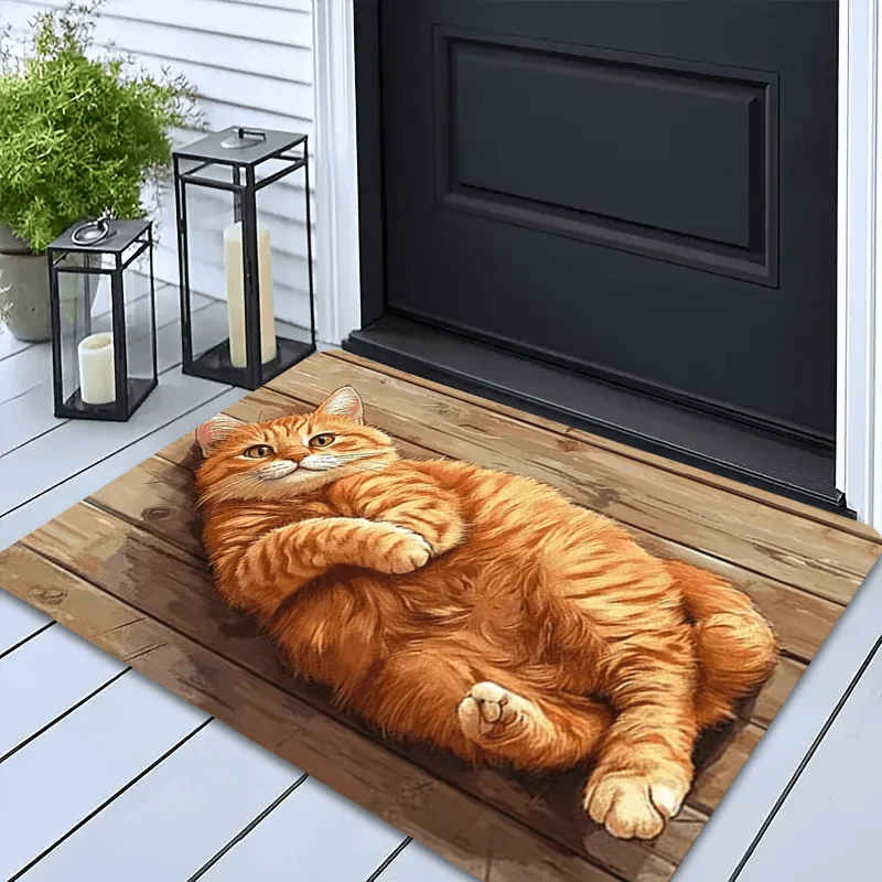 A Welcome Mat Featuring a Large Orange Cat Design Lies on a Wooden Board, Spring Bohemian Style, Suitable for Indoor Entrances.
