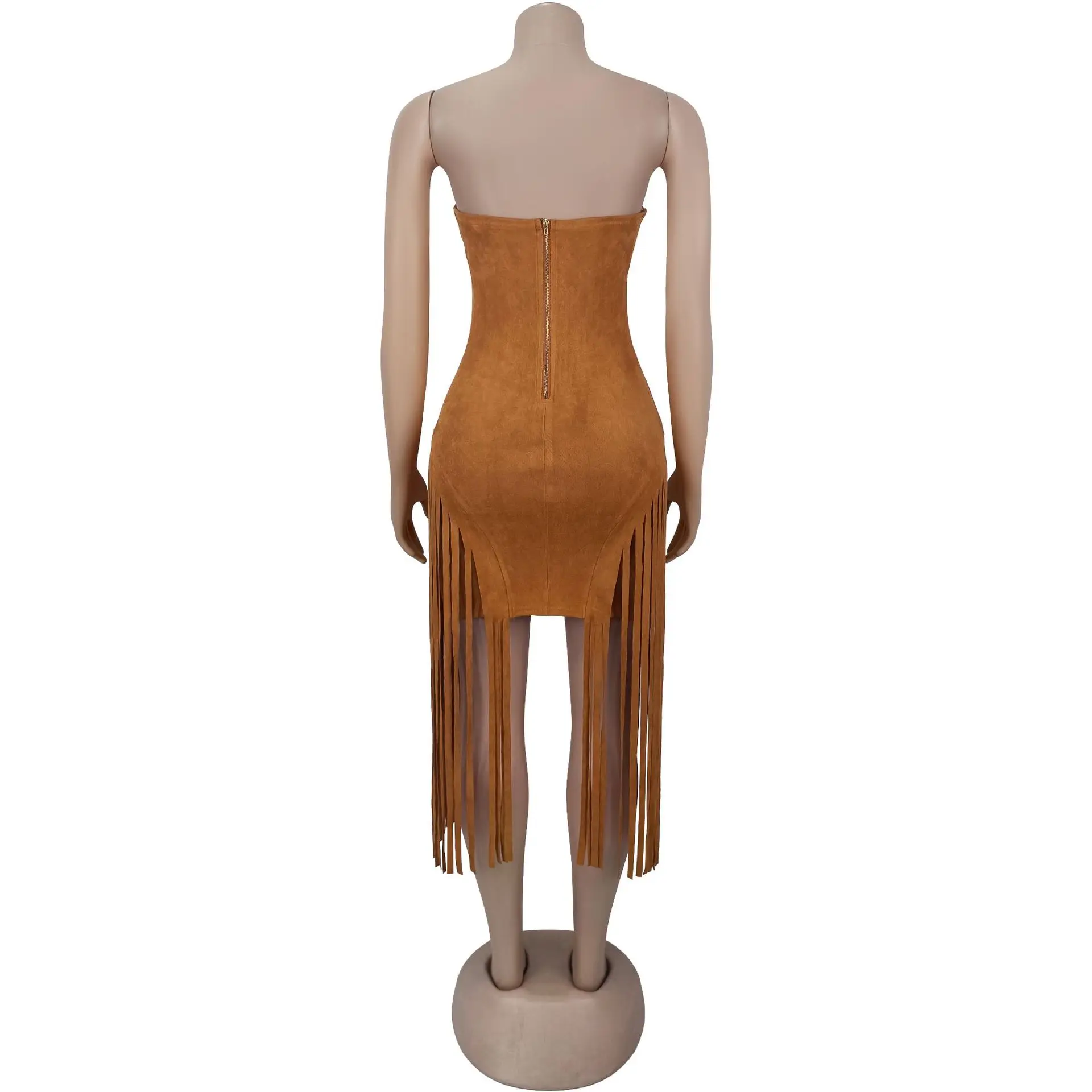 Suede Tassel Women Midi Dress Off Shoulder Sheer Evening Dress 2025 Summer New Streetwear Sexy Backless Night Club Party Vestido