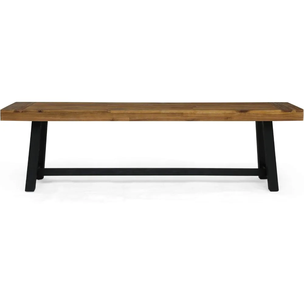 Toby Outdoor Acacia Wood Bench, Sandblast Teak Finish and Black