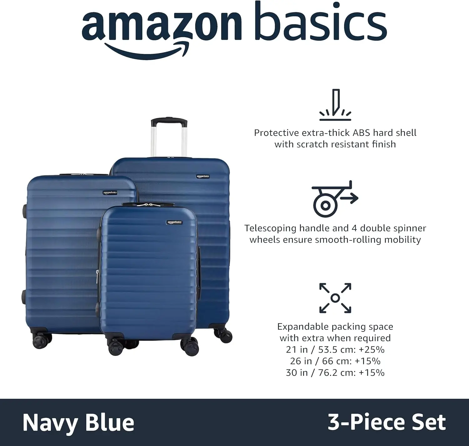 Amazon Basics-Ensemble de 3 valises à roulettes, 20 ", 24", 28 ", valise extensible rigide avec quatre roues tournantes