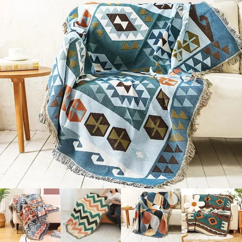 Alfombras tribales para acampar al aire libre, manta india para Picnic, mantas decorativas bohemias para cama, tapetes para sofá a cuadros, alfombra de viaje con borlas de lino