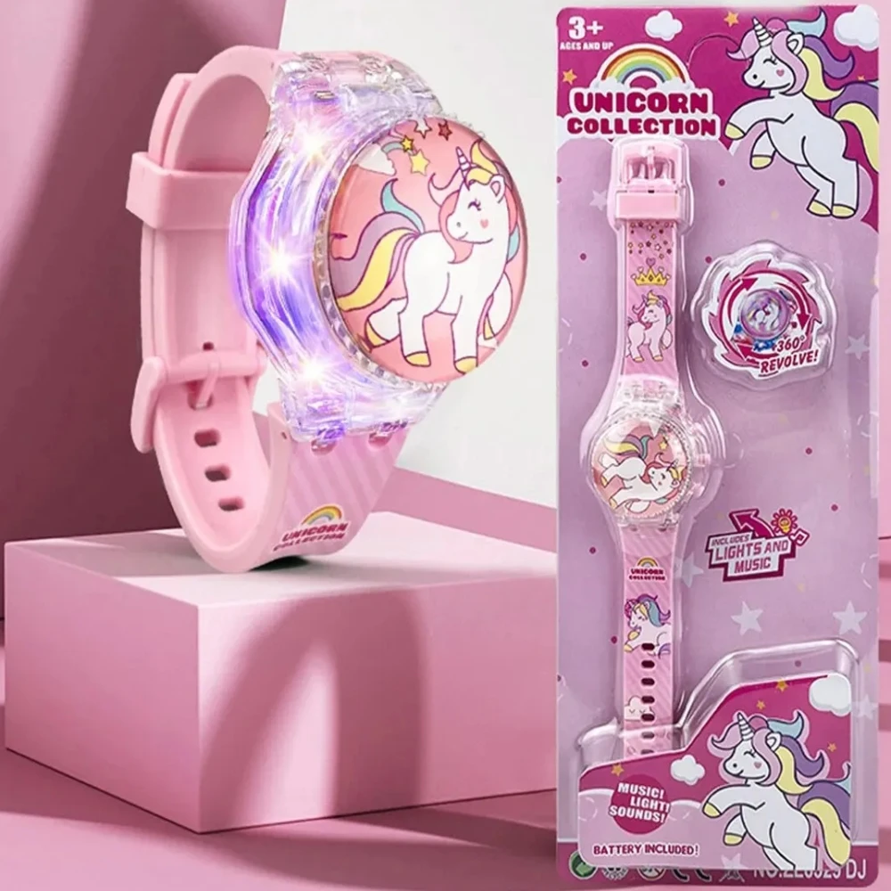 Cute Cartoon Kids Watch Electronic Revolve Flash Light Music Girls Children Wrist Watches Digital Unicorn Party Gifts Toy Clock