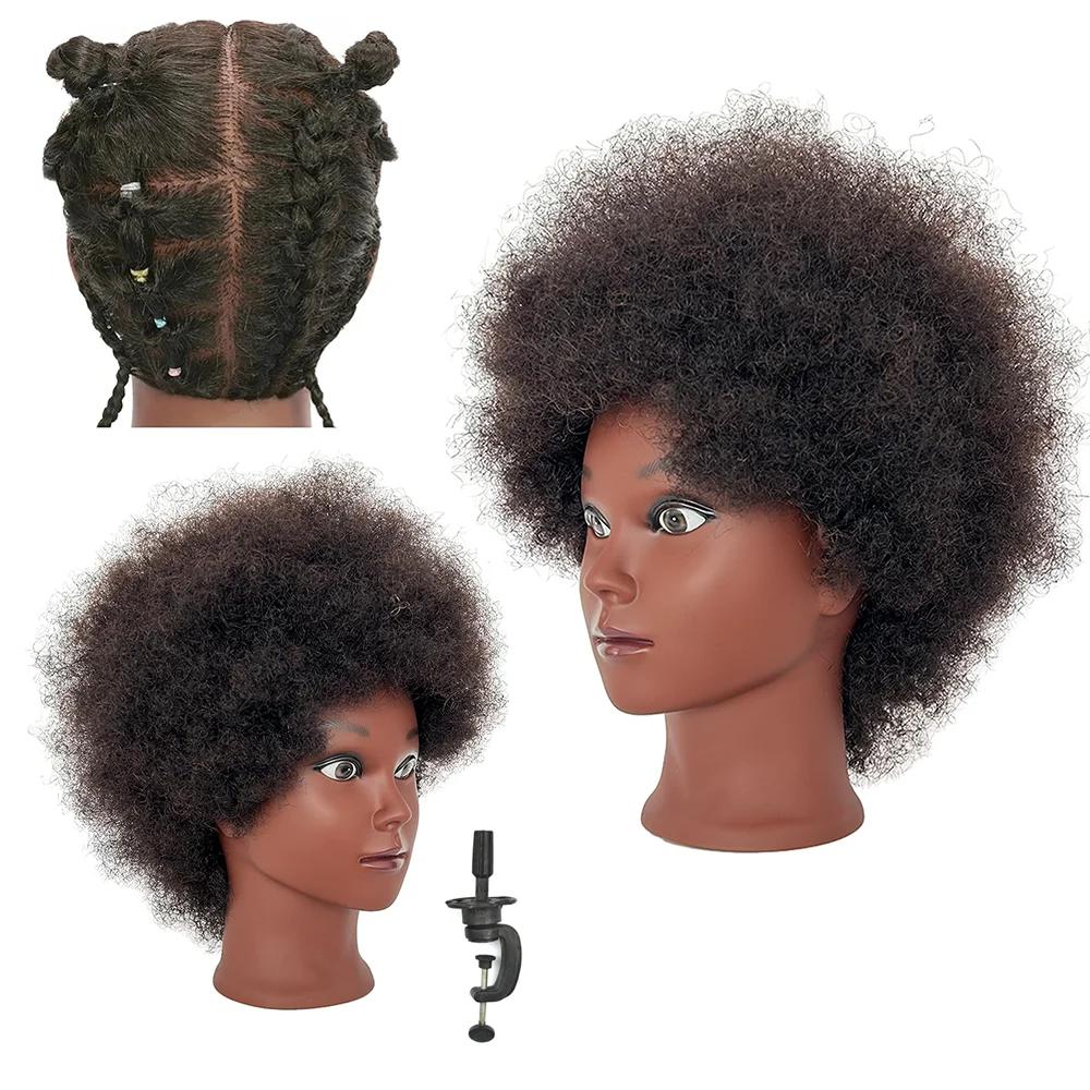 

8'' Afro Kinky 100% Human Hair Mannequin Head with Stand Cosmetology Doll Head for Braiding Styling Cutting Twist Hair Training