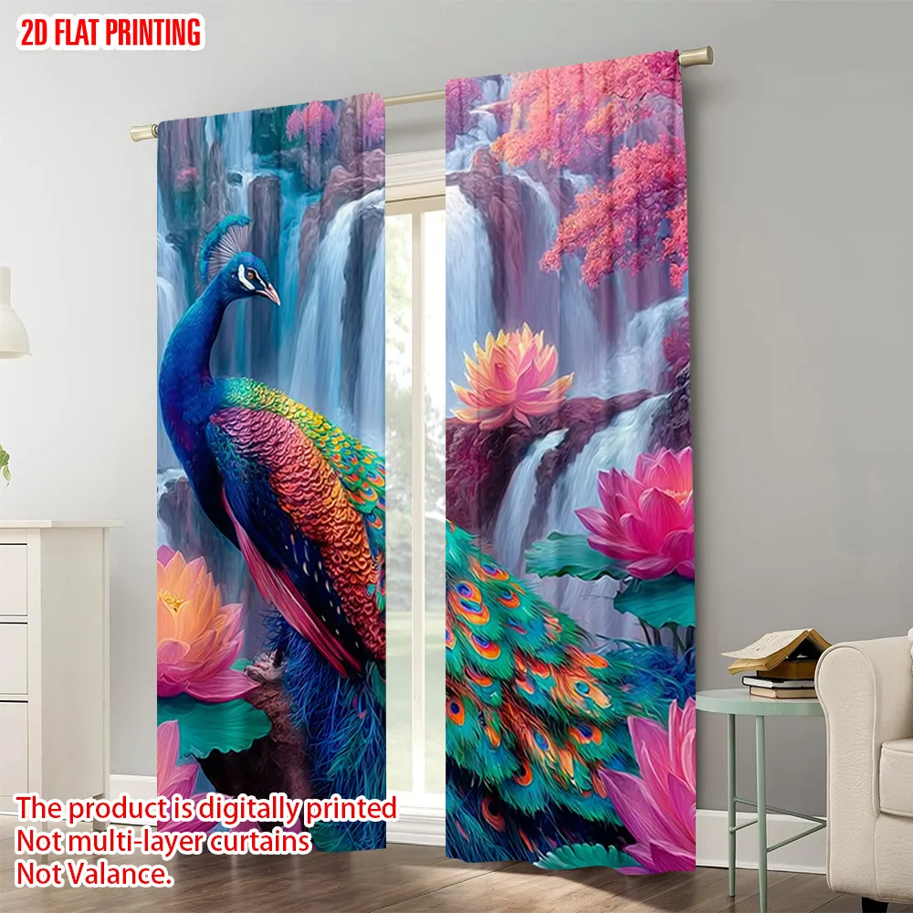 2 قطعة، ستائر طباعة طائرة ثنائية الأبعاد مطبوعة رقمية ملونة تصميم طاووس بوليستر سهل التركيب (بدون قضيب) ديكورات لـ #4