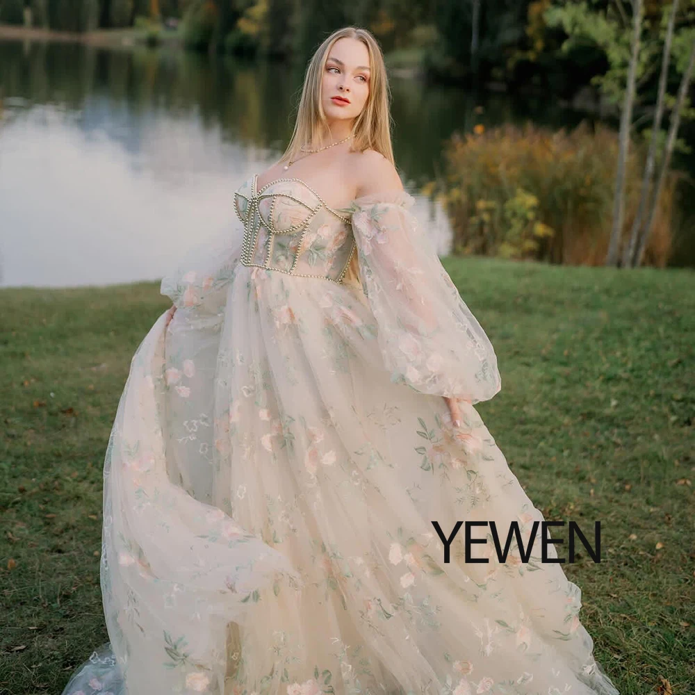 Embroidered Floral Tulle Long Sleeve Bridal Dress with Beading and Pearls Elegant Evening Gown for Photo Shoots YEWEN YW230306