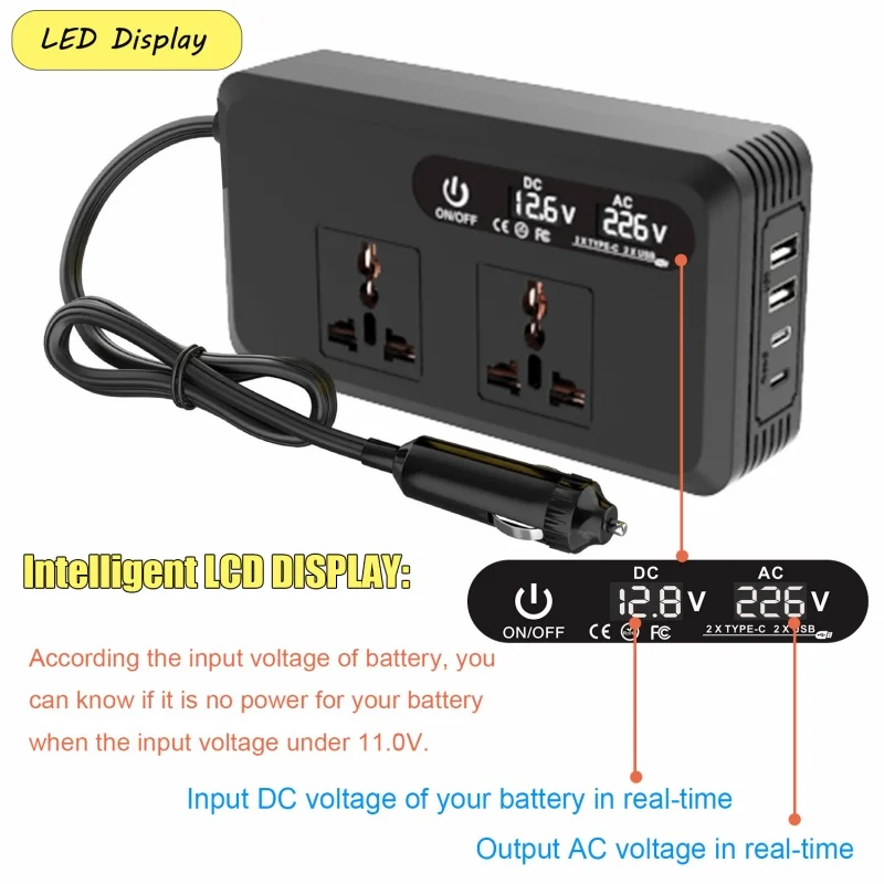 DC 12V/24V to AC 110V/220VUSB PD Type-C Jack 200w Converter8 Jack socket Switch Power adapter Car inverter QC3.0