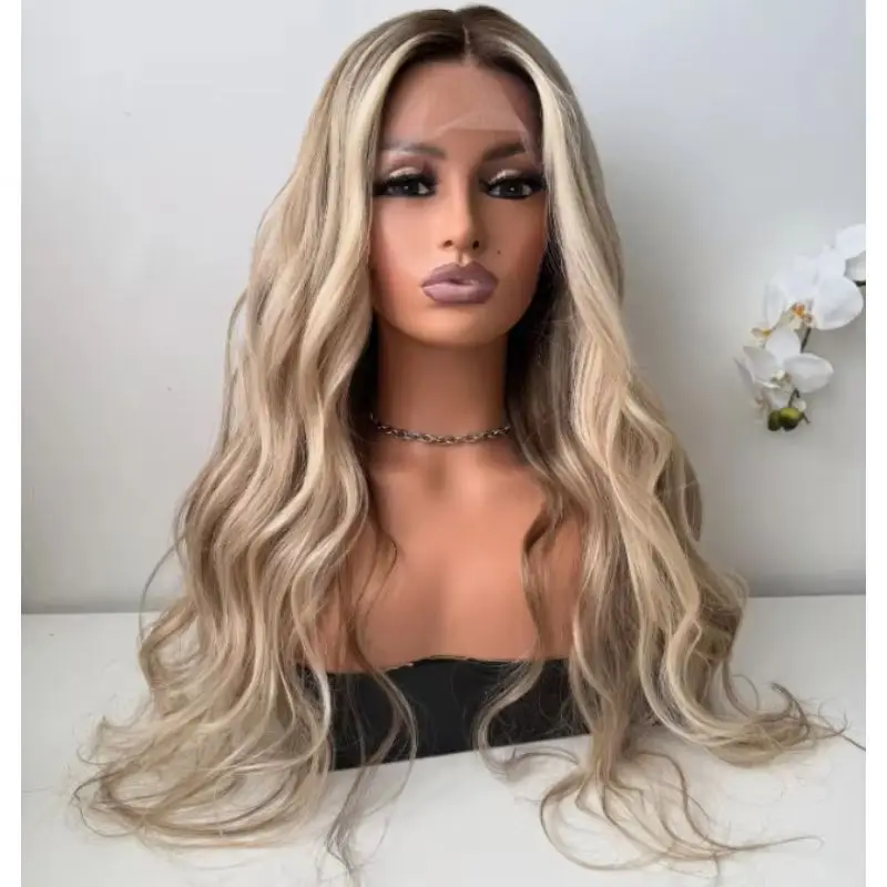 

Mixed Ash Blonde Synthetic Wig With Dark Roots 24 Inches Wavy Hair Wig Heat Friendly Synthetic Wig Middle Part Body Wave Wig