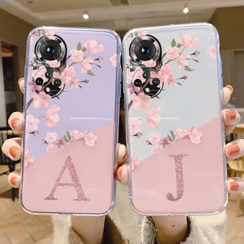 Cute Letter Case For Honor 50 90 400 Lite Pro Coque Huawei P20 Pro Cover Soft Flower Alphabet Transparent Phone Clear Silicone