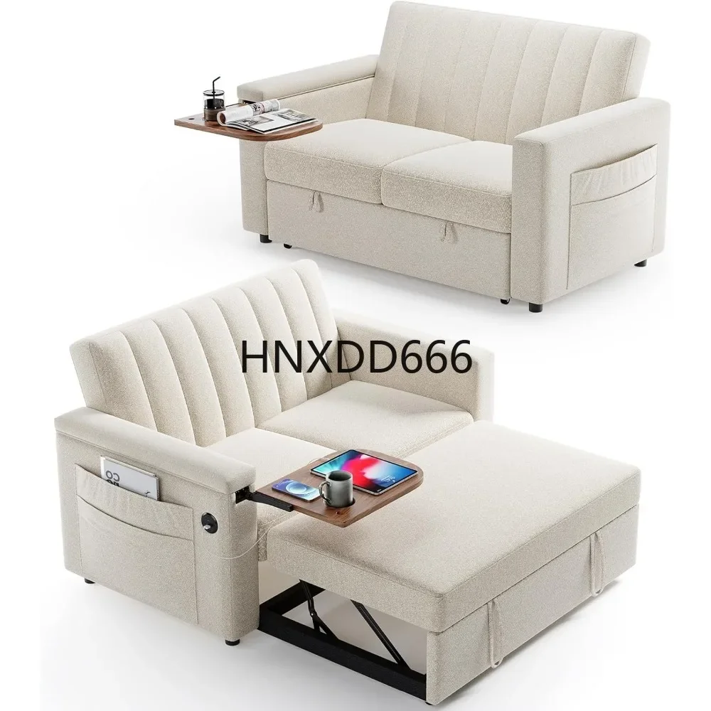 3-in-1 Convertible Sofa Bed, 54-Inch Sleeper Sofa with Solid Wood Side Table & Frame Pull-Out Couch with USB Ports &Side Pockets