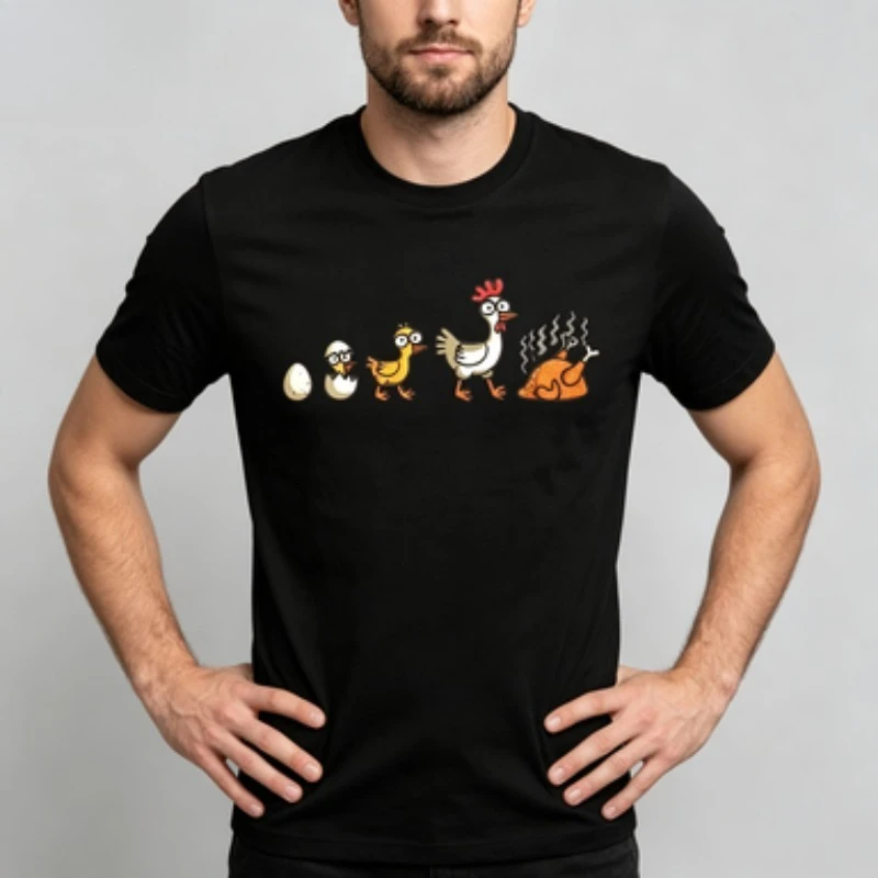 Men Modal T‑Shirt Funny Chicken Life Cycle Cartoon Print Standard Fit Short Sleeve Casual Humor Design Male Daily Streetwear