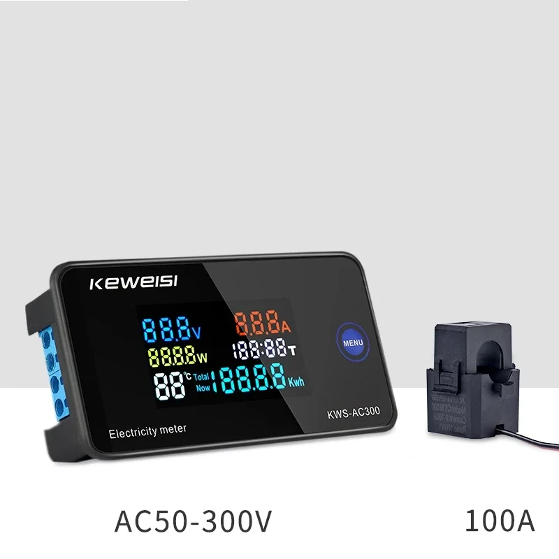 AC 50V~300V 100A Digital Ampermeter Power Energy Voltmeter Ammeter Volt Watt Kwh temperature Meter Time Split CT 110V 220V