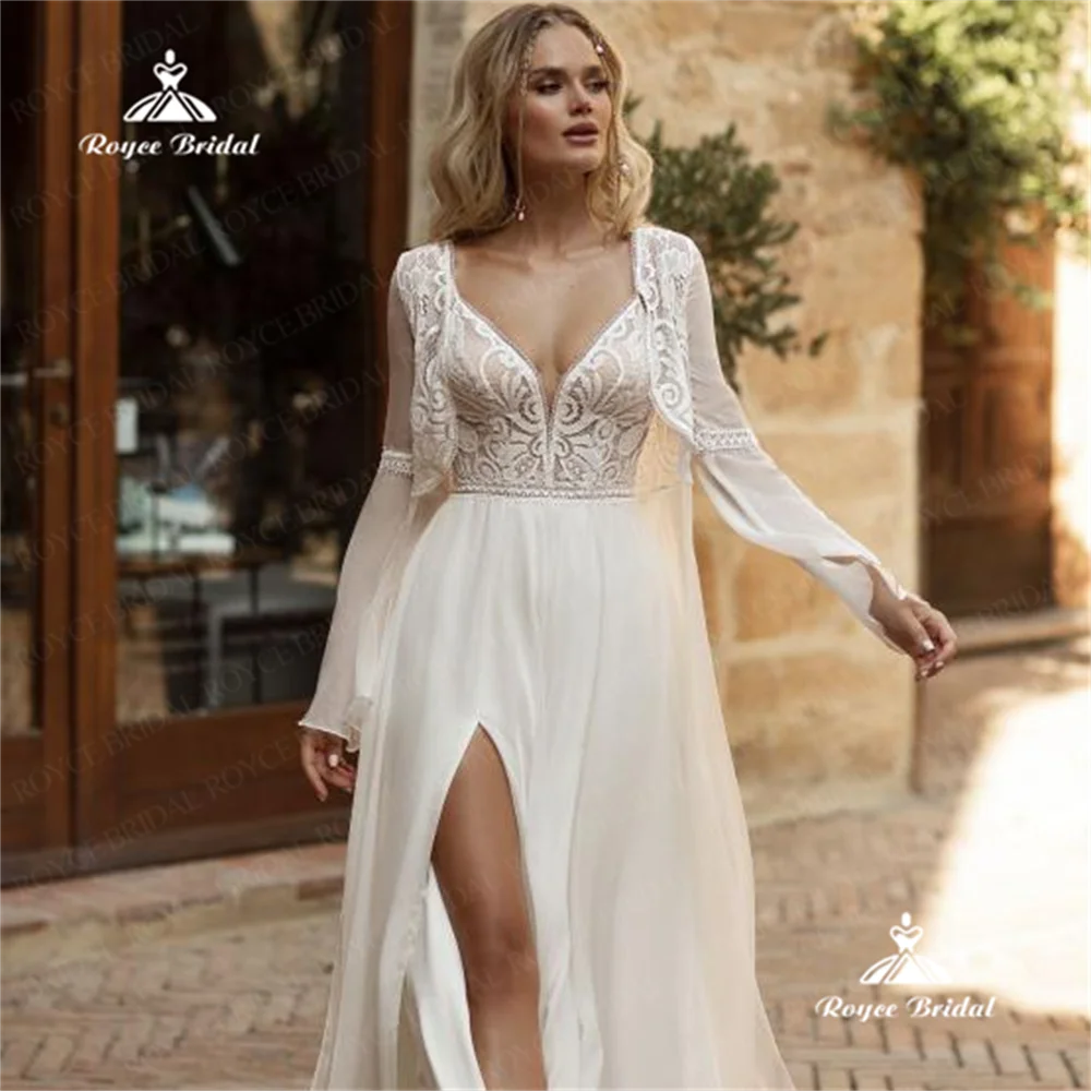 Roycebridal Свадебное платье трапециевидной формы с V-образным вырезом, 2025, кружевное свадебное платье со шлейфом и боковым разрезом по индивидуальному заказу, Vestidos de Corporal