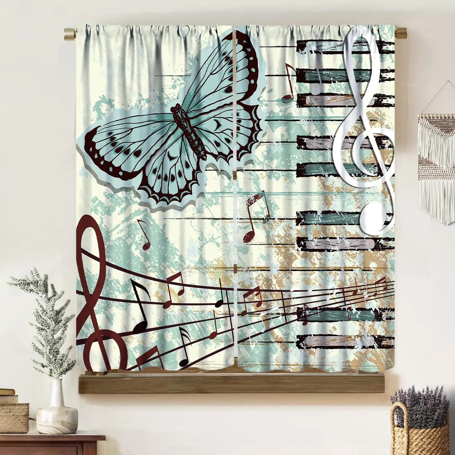 Piano Key Curtains, Vintage Rustic Art Colorful Abstract Graffiti Musical Melody Note Butterfly Home Decor Window Treatments
