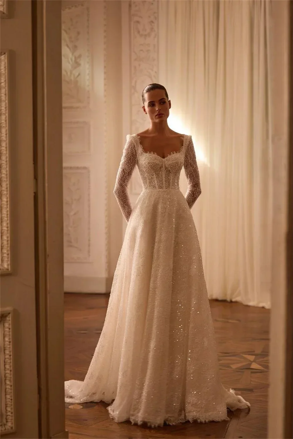 Flavinke Aangepaste Charmante Elegantie Kralen Kraag Trouwjurken A-lijn Lange Mouwen Avondjurken vestido de noiva