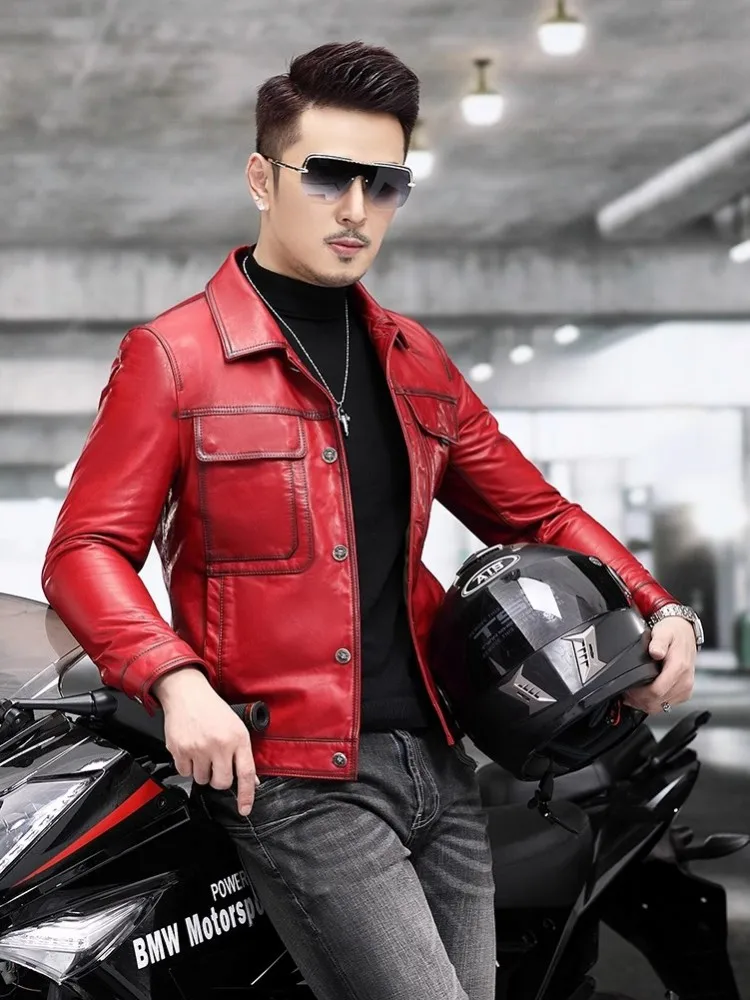 Autumn Men Real Calfskin Motorcycle Biker Jacket Short Style Slim Fit Single Breasted Genuine Leather Jacket Outwear Coat 5XL