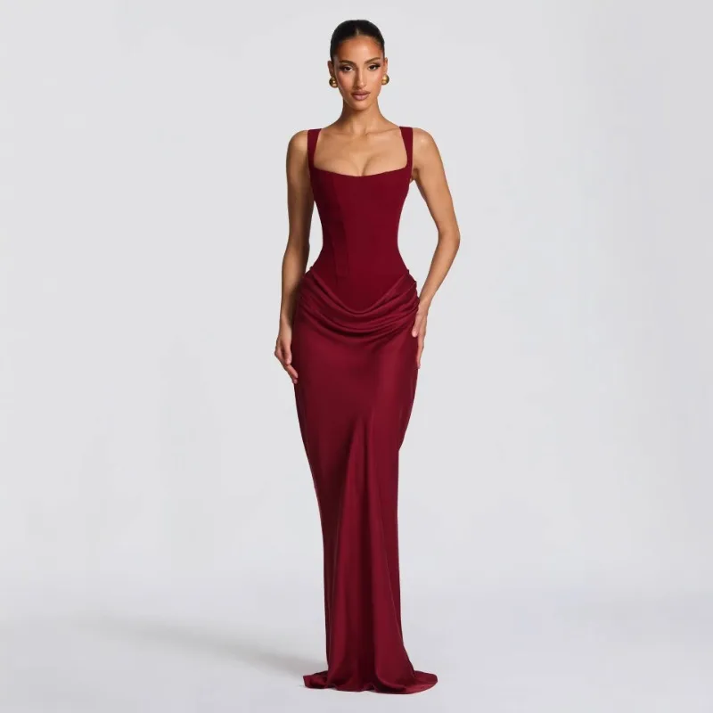 Spring Fashion Square Neck Sexy Waist Slim Solid Color Pleated Cami Bodycon  Dress Elegant Lace Up Wedding Guest Party Dresses - AliExpress 200000345