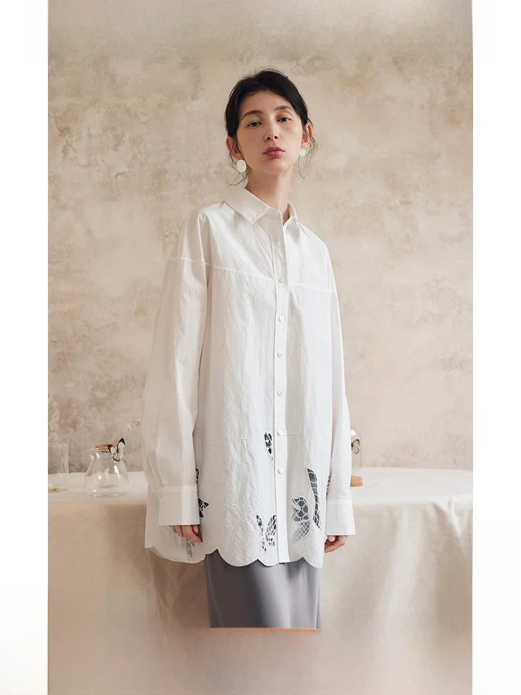 

Ltyp Original Long Velvet Cotton Embroidered Shirt Hollow Design Women's Summer Casual Loose Fit Pure Cotton Long Sleeve