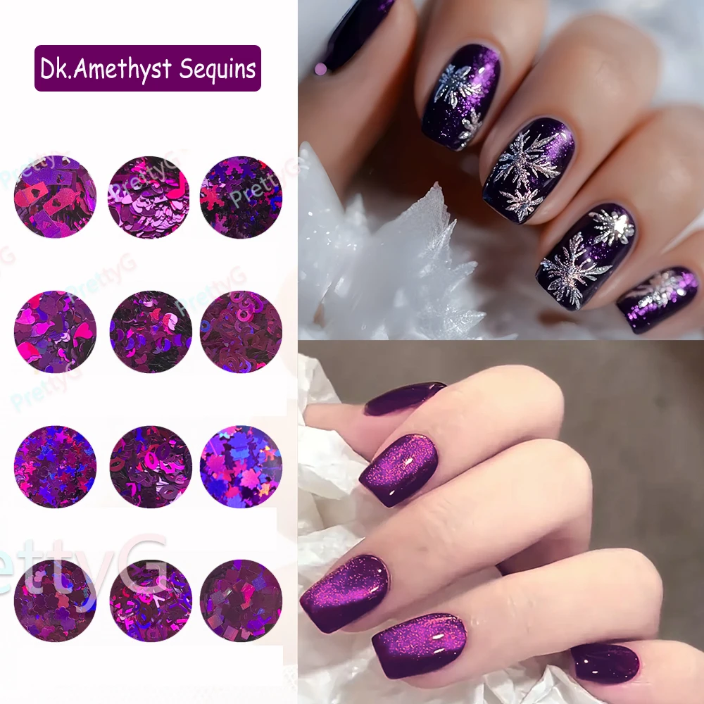 

PrettyG 1 Set 12Color Box Holographic Purple Glitter Sequins Dk.Amethyst Shape Nail Glitter For Resin DIY Nail Art Decoration