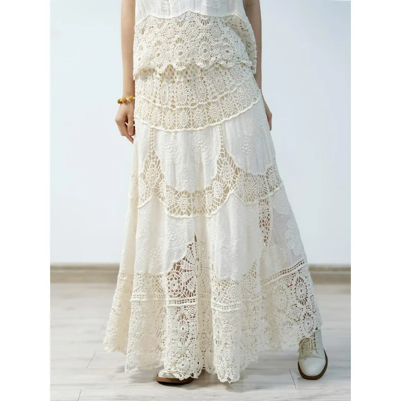 2025 New Holiday Skirt Women Knitting Lace Long Solid Hollow Out Sexy Hollow Summer Style Loose Basic Dress