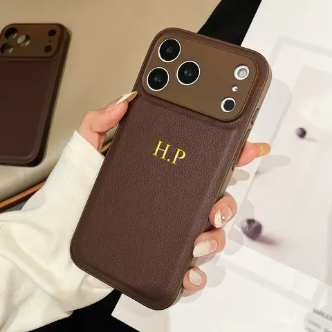 Personalized Luxury Classic Faux Leather Case For iPhone 17 16 15 14 13 Pro Max Plus Air Custom Name Gold Hot Foil Engraved Case