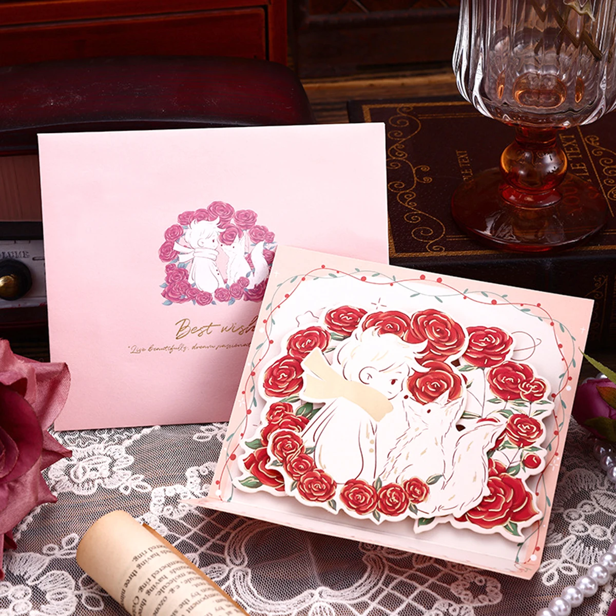 Valentine's Day Card for Her Girlfriend, Romantic 3D Pop Up Rose & Prince Love Greeting Card Set, Envelope, Unique Gift - view 3