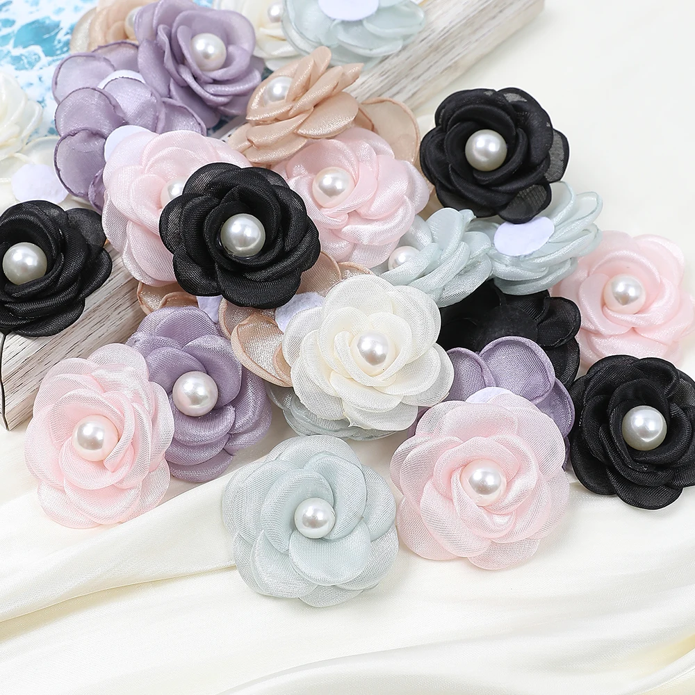 5PCS Artificial Flowers Head With Bead Chiffon Fabric Hairpin Corsage Wedding Dress Clothing Making Accessories Silk Flowers