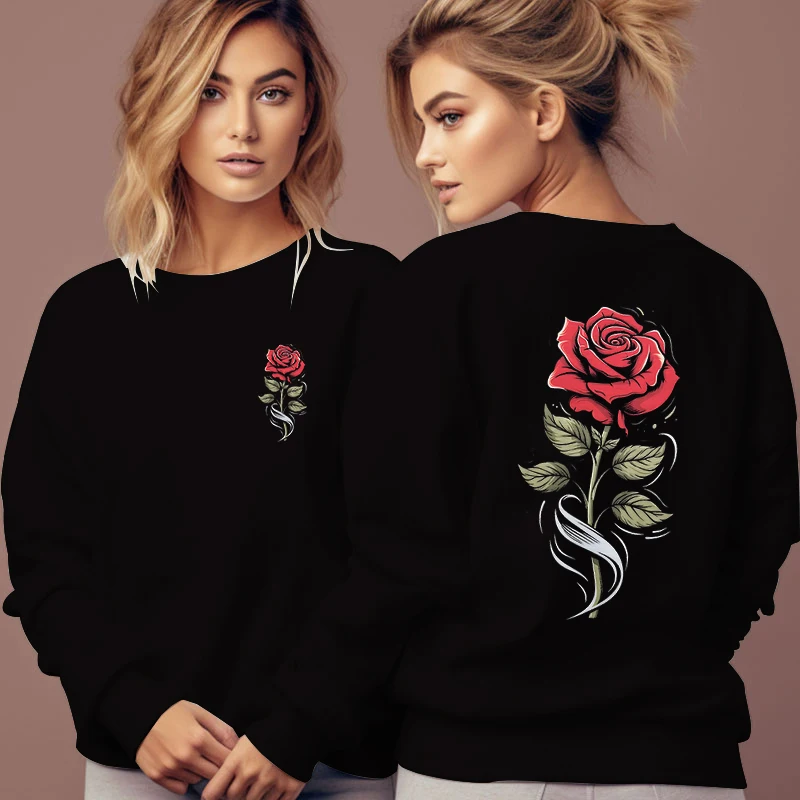 2024 New Autumn Sweatshirts Women\'s Red Rose Graphic Trend Streetwear Aesthetics Flower Trend Pullover Female Long Sleeve Hoodie