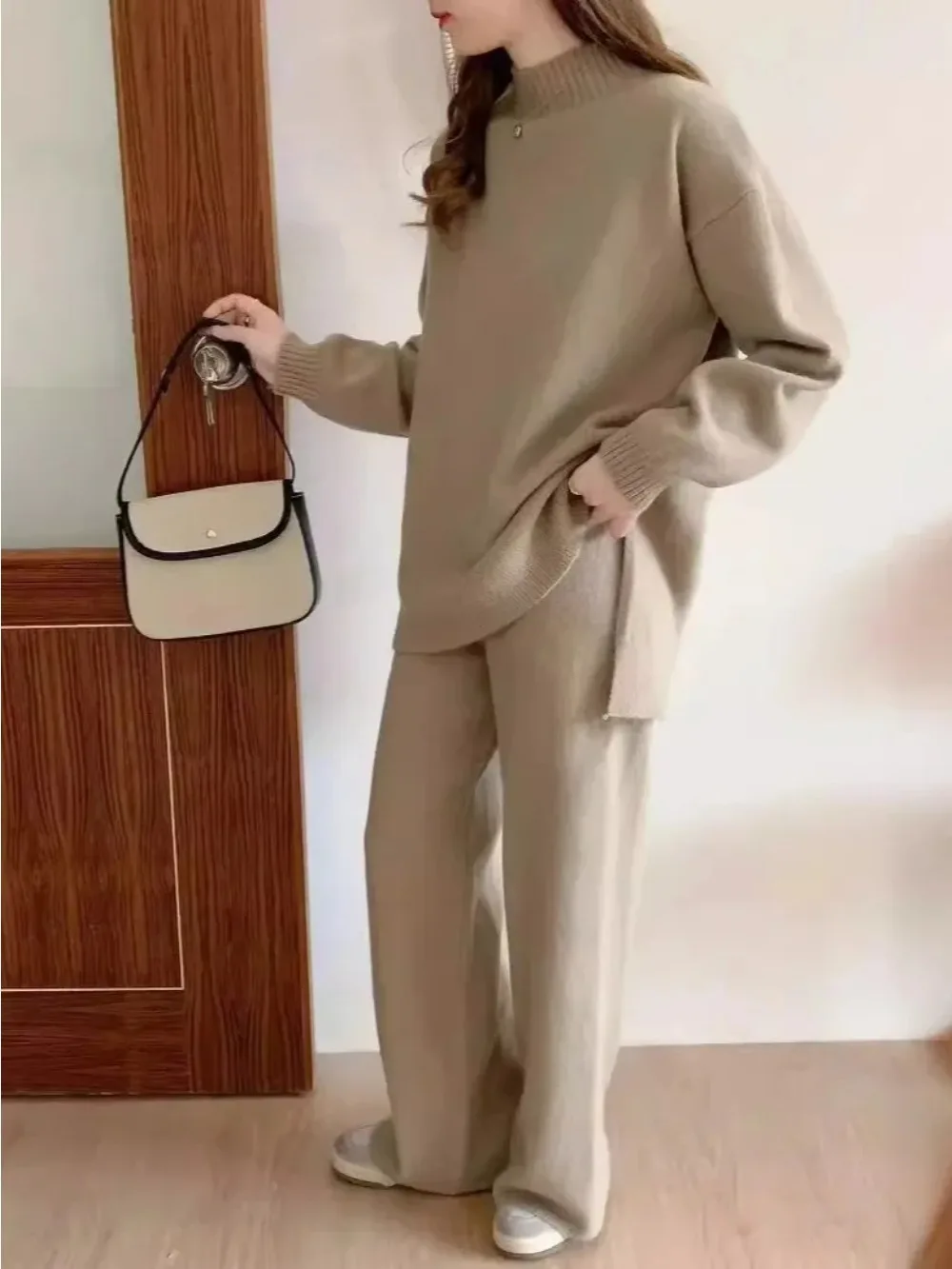 Two Piece Sets Muslim Knitting Outfits Women Split Sweater Pullover Knitted Wide Leg Pants Suit Knitwear Ensemble Casual