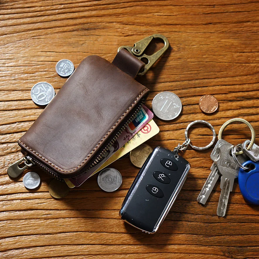 Handmade Leather Car Key Holder Wallet for Men and Coin Pocket Cow Leather Coin Holder Keychain