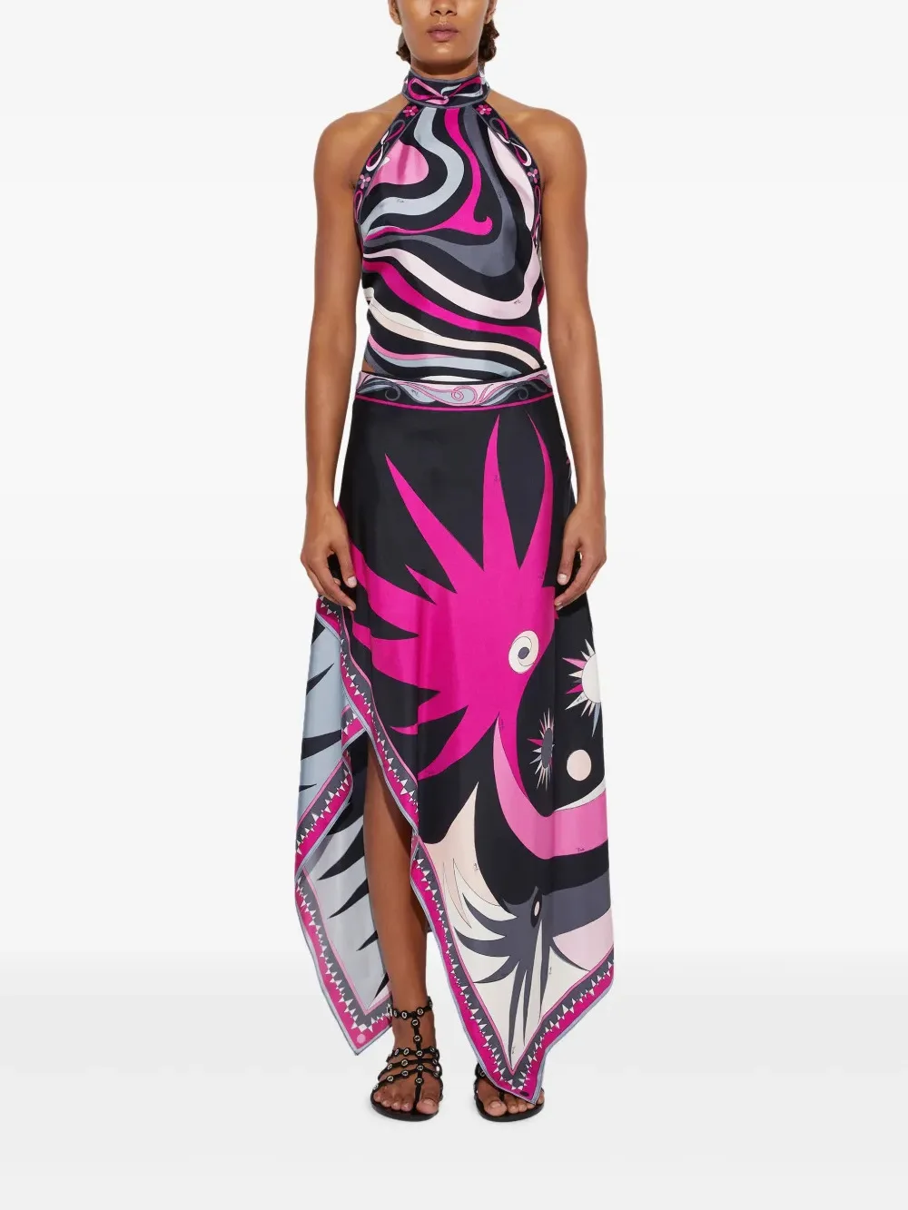 

Women's Satin Print Vest Long Skirt 2-piece Set Chic Sleeveless Lace-up Vest Top + High-waisted Casual Skirt Suit Lady Outfits