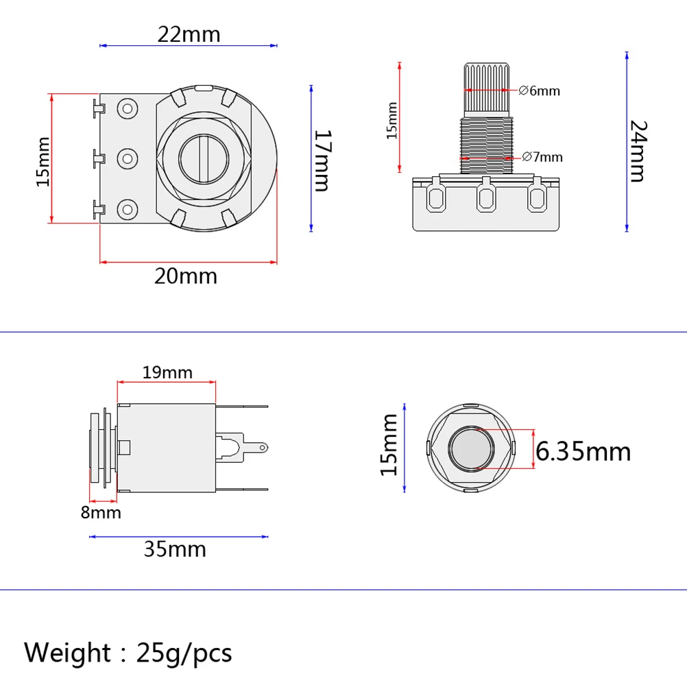 

potentiometer split shaft A500K guitar split shaft taper audio taper