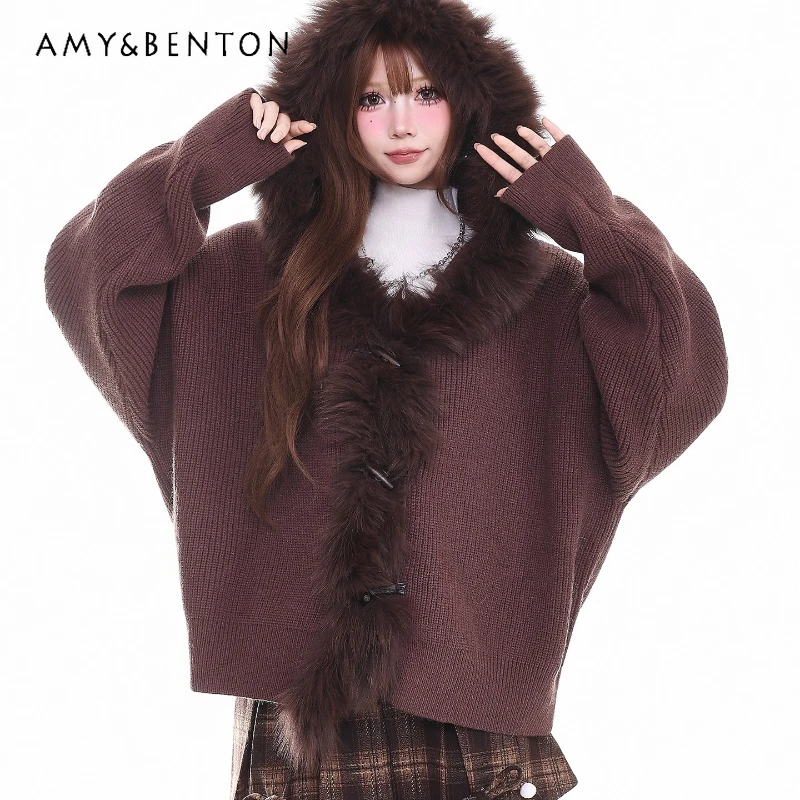 

2025 Winter New Christmas Atmosphere Red Hooded with Fur Collar Women's Sweater Loose Versatile Slimming Cardigan Coats Ladies